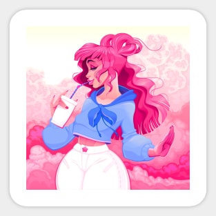 Beautiful girl is drinking by a straw in a pink atmosphere Sticker